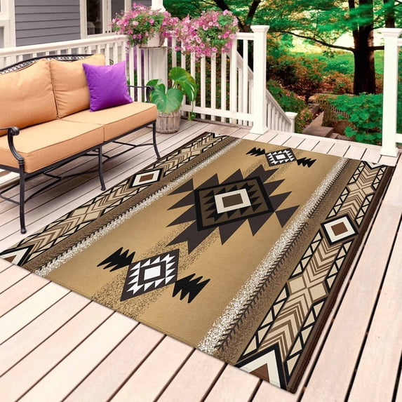 Brown Southwest Outdoor Rug for Patio/Deck/Porch, Non-Slip Large Area Rug 3 x 5 Ft, Boho Aztec Ethnic Abstract Geometric Indoor Outdoor Rugs Washable Area Rugs, Reversible Camping Rug Carpet Runner