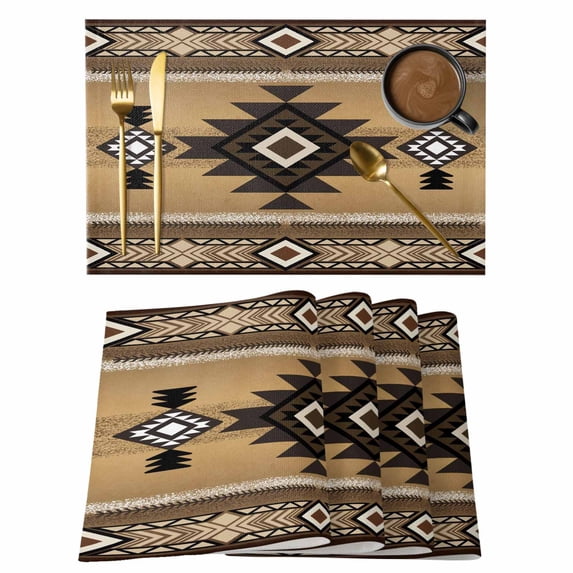 Brown Southwest Placemats Set of 6, Boho Aztec Ethnic Abstract Geometric Placemats for Dining Table, Place Mats for Kitchen Tabletop, Waterproof Wipeable Dining Table Mats Set