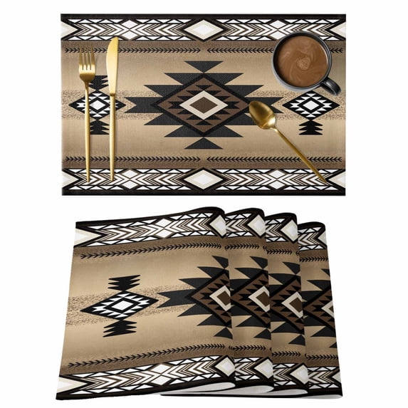 Brown Southwest Placemats Set of 6, Farmhouse Boho Aztec Geometric Neutral Placemats for Dining Table, Place Mats for Kitchen Tabletop, Waterproof Wipeable Dining Table Mats Set