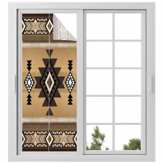 Brown Southwest Privacy Window Film, Decorative Frosted Glass Window Film, Boho Aztec Ethnic Abstract Geometric Reusable Peel and Stick Static Cling for Home Bathroom Office Glass Door 29.5"x78.7"