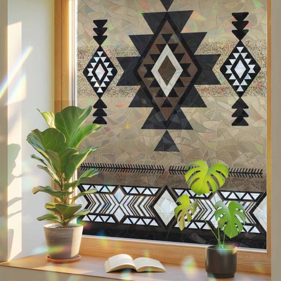 Brown Southwest Privacy Window Film, Decorative Stained Glass Window Film, Farmhouse Boho Aztec Geometric Neutral Resuable Rainbow Static Cling for Home Bathroom Living Room Glass Door 35.4"x78.7"
