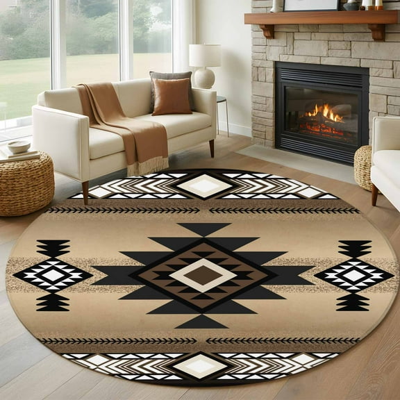 Brown Southwest Round Rug 5ft Washable Circle Kitchen Rugs Non Slip Farmhouse Boho Aztec Geometric Neutral Large Area Rug Indoor Floor Carpet for Bedroom Living Room Home Office Dining Room Nursery