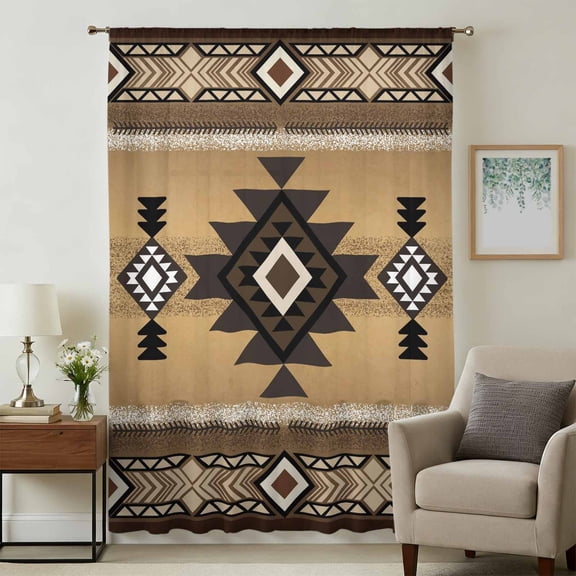 Brown Southwest Sheer Curtains 45 Inches Long, Boho Aztec Ethnic Abstract Geometric Light Filering Curtains, Breathable Simi Curtain Privacy Drapes for Kitchen Bathroom Small Window Treatment
