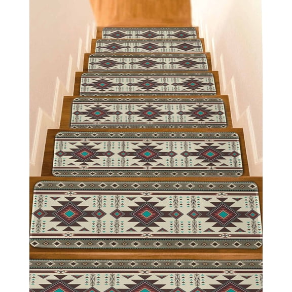 Brown Southwest Stair Treads for Wooden Steps Indoor Runner Rug Carpet, Ethnic Boho Tribal Vintage Geometric 4 Pieces Peel and Stick Staircase Step Treads Covers Washable Throw Door Mats, 30"x8"