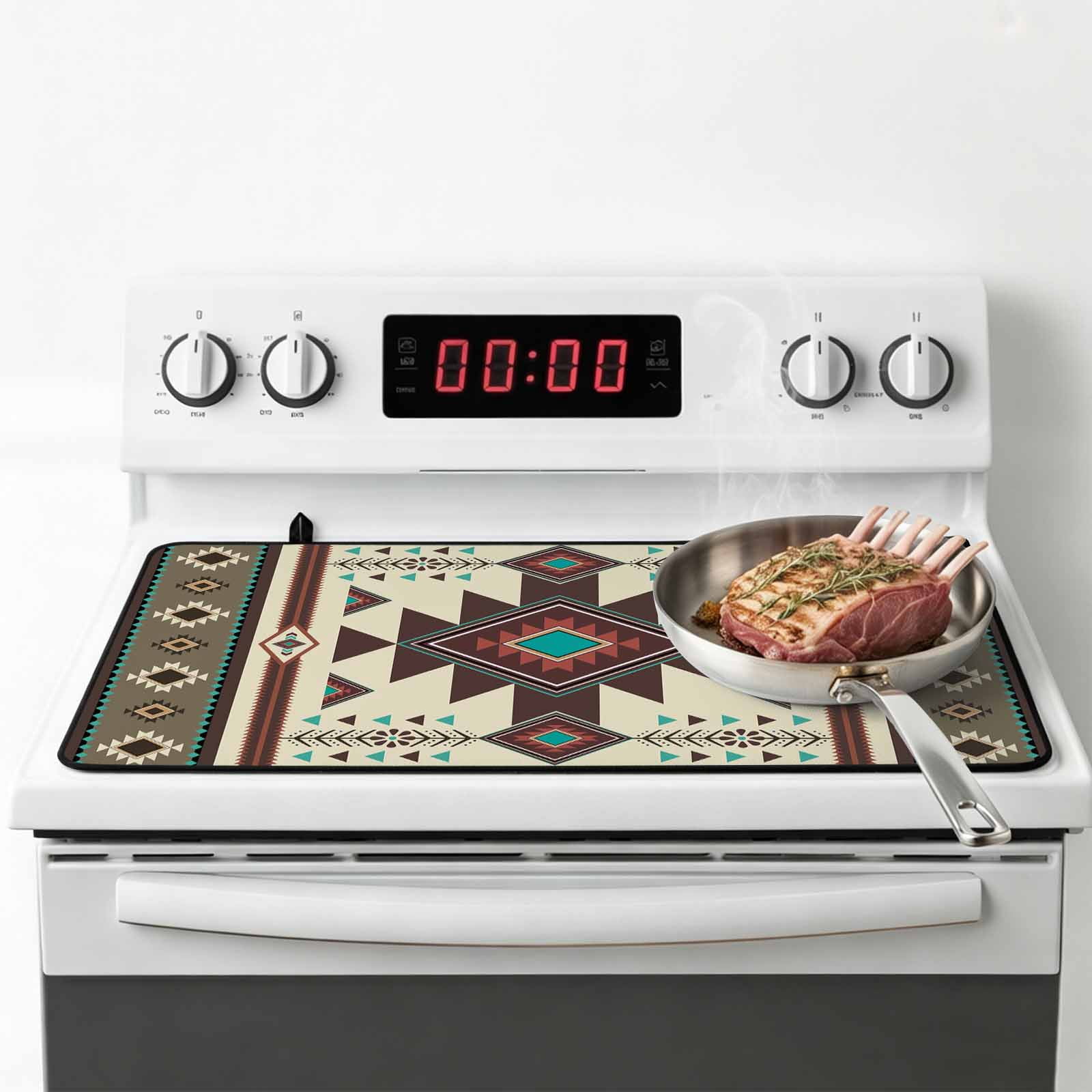 Brown Southwest Stove Top Cover for Electric Stove, Heat-proof & Non Slip Glass Top Stove Cover Protector, Ethnic Boho Tribal Vintage Geometric Kitchen Flat Cooktop Rubber Mat 24x21 Inches