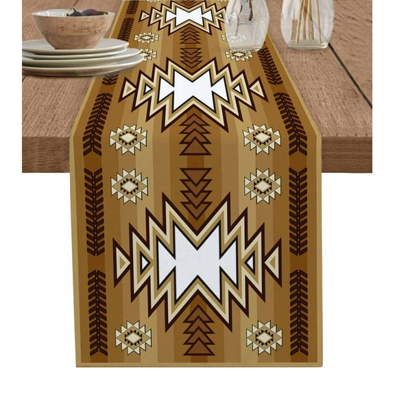 Brown Southwest Table Runner 108 Inches, Western Rustic Ethnic Mexican Aztec Bed Runner Dresser Scarves Tabletop for Indoor Outdoor Parties/Ceremony/Banquet, 13"x 108"