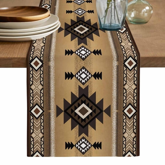 Brown Southwest Table Runner, Boho Aztec Ethnic Abstract Geometric Washable Cotton Linen Table Runners 36 Inches Long, Dresser Scarf Runner for Nightstand/End Tables/Round Tables 13''x36''