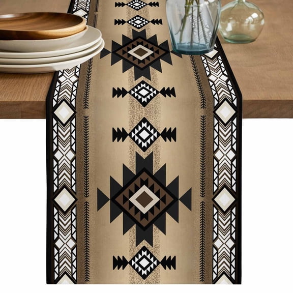 Brown Southwest Table Runner, Farmhouse Boho Aztec Geometric Neutral Washable Cotton Linen Table Runners 60 Inches Long, Dresser Scarf Runner for Coffee/TV Stands/Kitchen/Cabinets 13''x60''