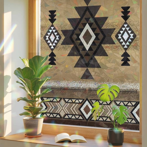 Brown Southwest Window Privacy Film Rainbow Static Cling Stain Glass Window Film for Glass Door, Decorative Sunroof Decal Sticker for Car Bathroom Home 23.6"x59" Boho Aztec Ethnic Abstract Geometric