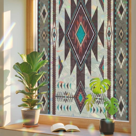 Brown Southwest Window Privacy Film Rainbow Static Cling Stain Glass Window Film for Glass Door, Decorative Sunroof Decal Sticker for Car Bathroom Home 23.6"x59" Ethnic Boho Tribal Vintage Geometric