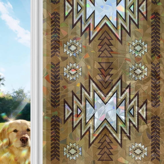 Brown Southwest Window Privacy Film Stain Glass,Reusable Decorative Rainbow Window Film,Western Rustic Ethnic Mexican Aztec Static Cling Sun Blocking Stickers Decals Covers 23.6" x 59" (2pcs)