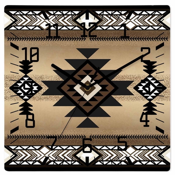 Brown Southwest Wooden Wall Clock Silent Non Ticking, Farmhouse Boho Aztec Geometric Neutral Square Wall Clocks Battery Operated, Decor Clock for Home Office, Living Room, Kitchen, 10 Inch