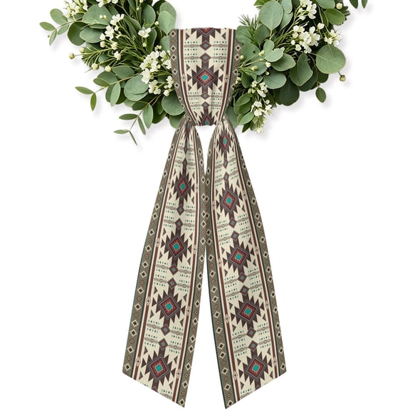 Brown Southwest Wreath Sash for Front Door, Boho Tribal Vintage Geometric Wreath Bow Holiday Garland Ribbon Wreath Accessories for Home Yard Porch Doorway Fall Christmas Decorations Gifts