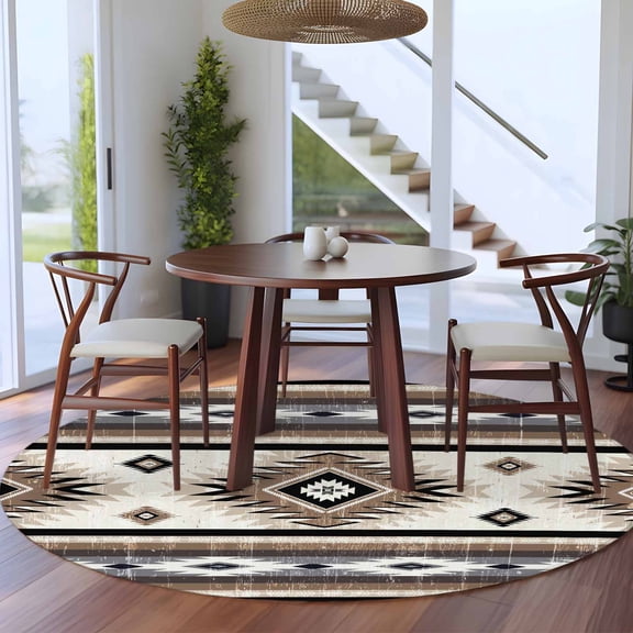 Brown Southwestern 5ft Round Rug for Dining Table for 4 People Under Table Placement, Native Aztec Ethnic Style Geometric Washable Non Slip Circle Area Rug