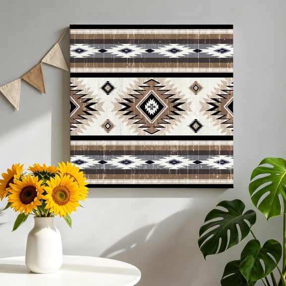 Brown Southwestern Canvas Wall Art, Native Aztec Ethnic Style Geometric Framed Canvas Wall Decor Picture Print Artwork Decorations for Living Room Office Ready to Hang 8" x 8"