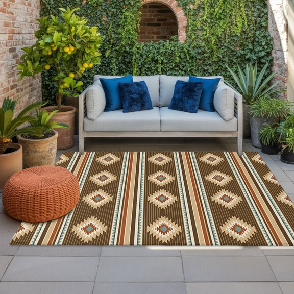 Brown Southwestern Indoor Outdoor Rugs 5x7 Ft, Aztec Diamond Motif Tribal Geometric Outdoor Patio Rugs Mat Washable Outside Area Rugs Carpet for Porch Deck RV Camping Pool Balcony Backyard