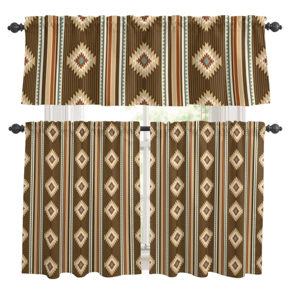 Brown Southwestern Kitchen Curtains Set for Windows, Aztec Diamond Motif Tribal Geometric Curtains Valance and Tier 3 Piece Set Small Drapes 36 Inch Length for Kitchen Bedroom Decor