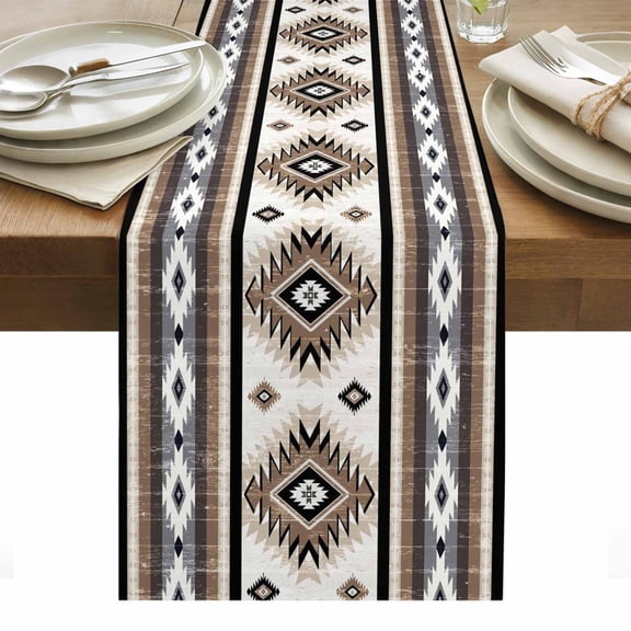 Brown Southwestern Table Runner 16 x 72 Inch, Native Aztec Ethnic Style Geometric Washable Cotton Linen Dining Table Runner Tabletop Decorations for Restaurant Home Kitchen Party