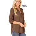 thumbnail image 1 of Brown Split Neck Roll-Up Sleeve Blouse Long Sleeve 3/4 Sleeve, 1 of 3