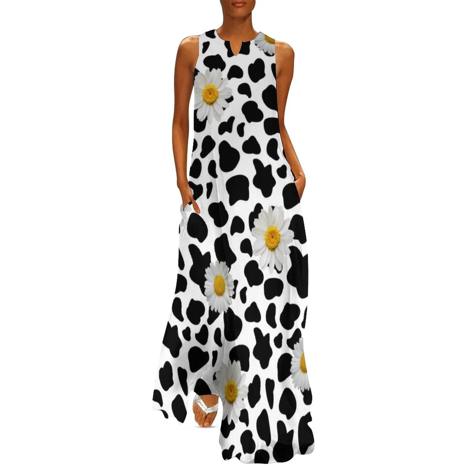 Brown Spots Cow Print Dress Farm Animals Elegant Maxi Dress V Neck ...