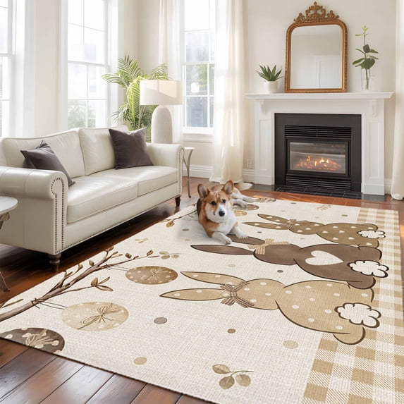 Brown Spring Easter Area Rug 5x7 FT, Non Slip Bedroom Throw Carpet, Bunny Colorful Eggs Botanical Washable Soft Floor Carpet Non-Shedding Rug for Dining Room Bedside Classroom Desk