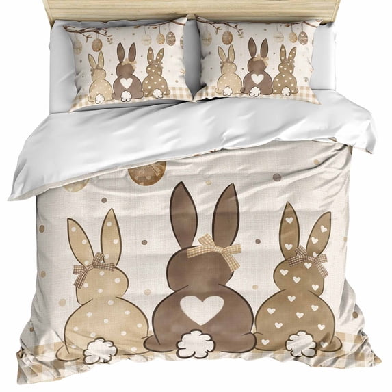Brown Spring Easter Bedding 3 Piece Duvet Cover Set Twin Size, Bunny Colorful Eggs Botanical Soft Microfiber Comforter Cover with Zipper Closure & Pillowcases, Wrinkle & FadeResistant Quilt Cover