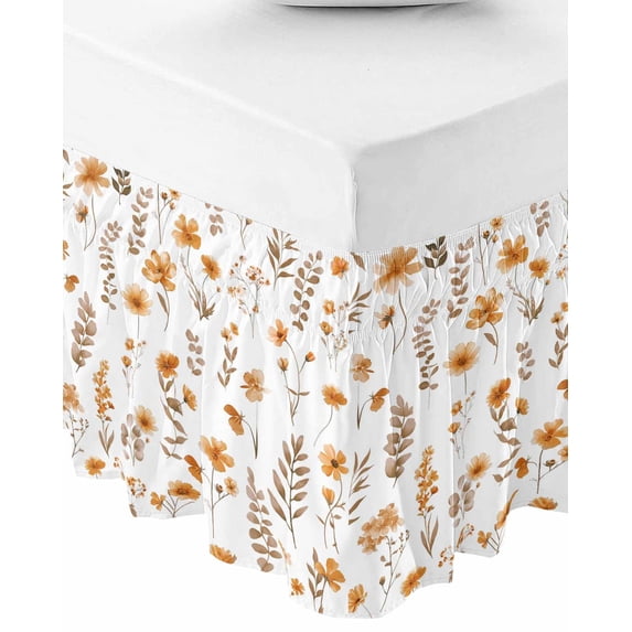 Brown Spring Floral Bed Skirt King Size 18 Inch Drop, Wrap Around Bed Skirts, Flowers Botanical Elegant Pastoral Elastic Bedskirt Pleated Bed Frame Cover Luxurious Dust Ruffle for King Bed