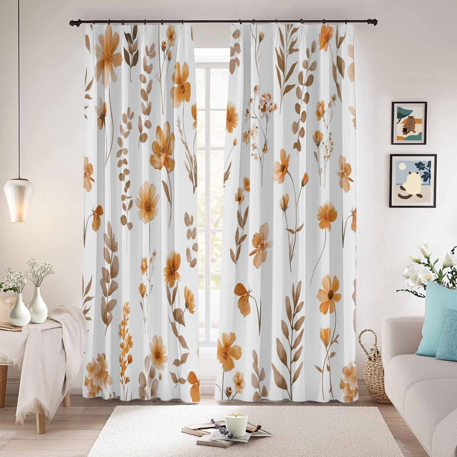 Brown Spring Floral Blackout Curtains for Bedroom/Living Room, Pinch