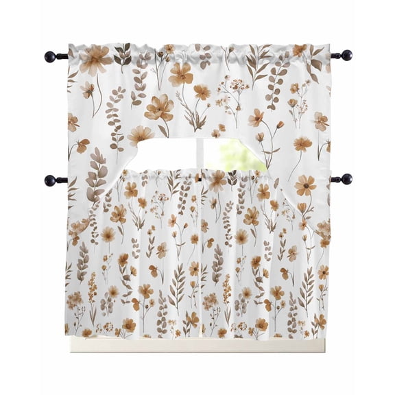 Brown Spring Floral Kitchen Curtain and Valance Set 3 Pieces,Rod Pocket Short Tier Curtains 24 Inch Length,Flowers Leaves Elegant Pastoral Swag Topper Small Window Treatment for Cafe Bathroom Bedroom