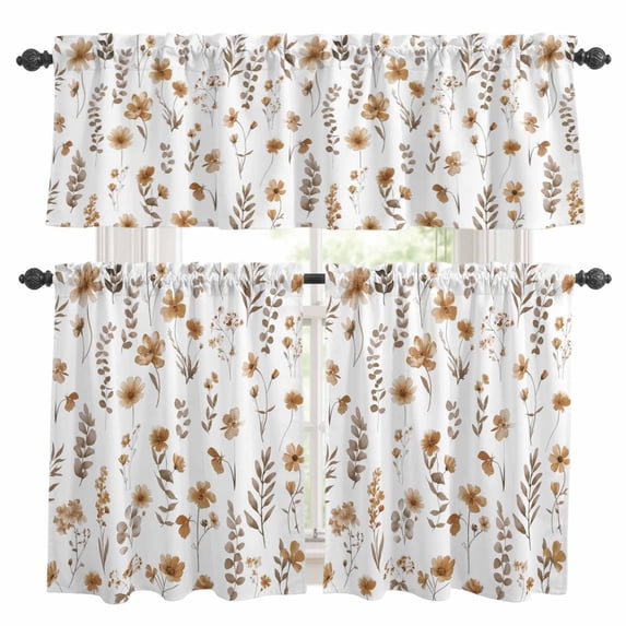 Brown Spring Floral Kitchen Curtains Sets for Windows 24 Inch Length, Flowers Leaves Elegant Pastoral Rod Pocket Window Treatments Tier Curtains and Valances Set for Bedroom/Bathroom