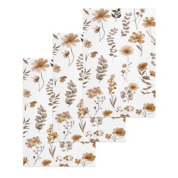 Brown Spring Floral Kitchen Dish Towels for Drying Dishes Set of 3, Flowers Leaves Elegant Pastoral Waffle Weave Microfiber Hand Tea Bathroom Towels Quick Dry & Absorbent Towel 15.7x23.6