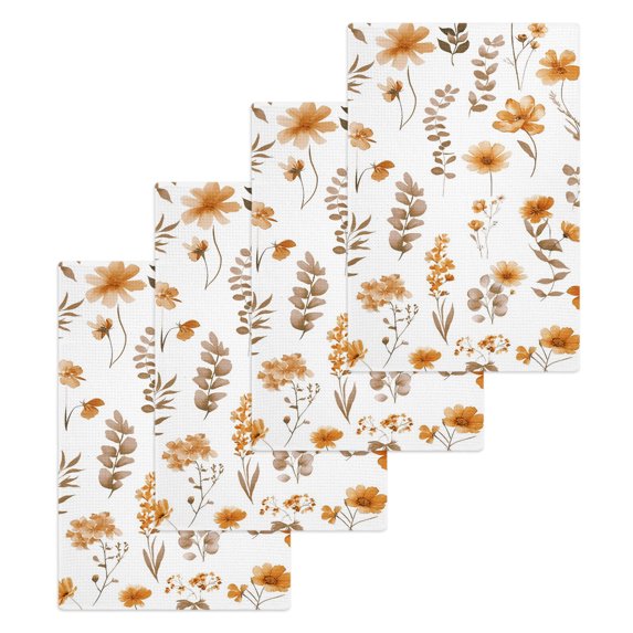 Brown Spring Floral Kitchen Dish Towels for Drying Dishes Set of 4, Flowers Botanical Elegant Pastoral Waffle Weave Microfiber Hand Tea Bathroom Towels Quick Dry & Absorbent Towel 15.7x23.6