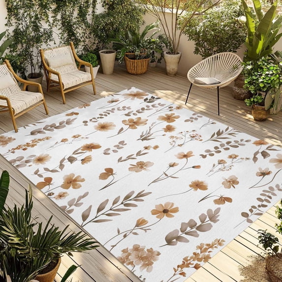 Brown Spring Floral Outdoor Rug for Patio/Deck/Porch, Non-Slip Large Area Rug 3 x 5 Ft, Flowers Leaves Elegant Pastoral Indoor Outdoor Rugs Washable Area Rugs, Reversible Camping Rug Carpet Runner