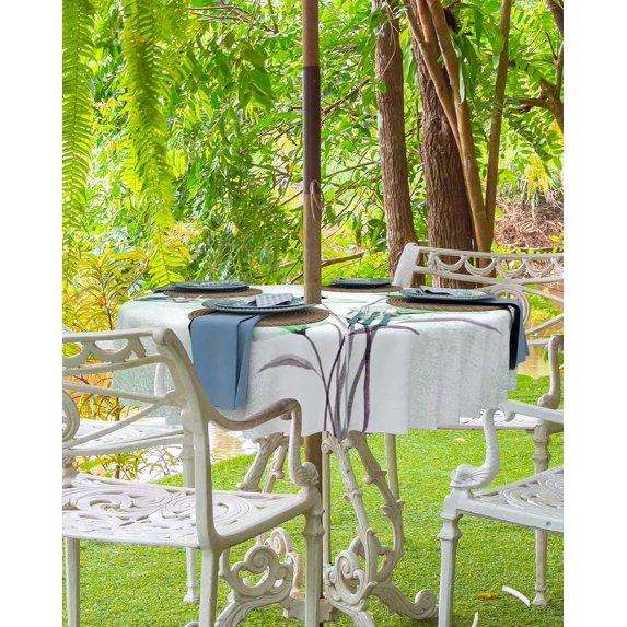 Brown Spring Floral Outdoor Tablecloth - 54x54 Inch Square Dining Table Cover, Vintage Elegant Summer Botanical Waterproof Outdoor Table Cloth with Umbrella Hole & Zipper for Picnic/Patio