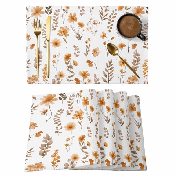 Brown Spring Floral Placemats Set of 12, Flowers Botanical Elegant Pastoral Placemats for Dining Table, Place Mats for Kitchen Tabletop, Waterproof Wipeable Dining Table Mats Set