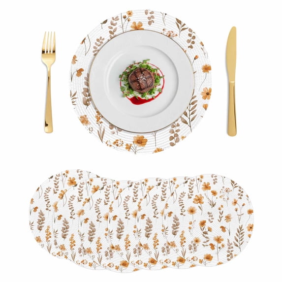 Brown Spring Floral Round 13 Inch Placemats Set of 6, Flowers Botanical Elegant Pastoral HeatResistant Non Slip Place Mats for Dining Table, Wipeable Braided Kitchen Table Mats for Housewarming