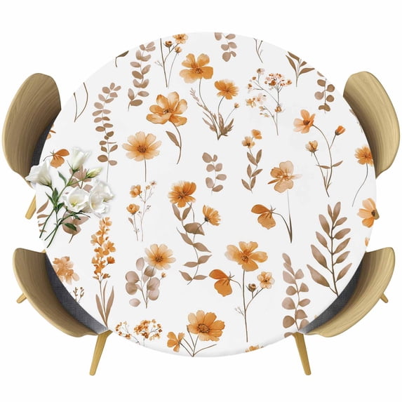 Brown Spring Floral Round Tablecloth, Fitted Table Cover with Elastic for 45"-54" Round Tables, Flowers Botanical Elegant Pastoral Table Cloth Outdoor Indoor Dinning Party Waterproof Tablecloths