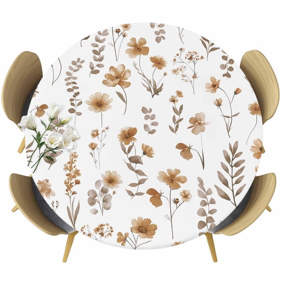 Brown Spring Floral Round Tablecloth, Fitted Table Cover with Elastic for 45"-54" Round Tables, Flowers Leaves Elegant Pastoral Table Cloth Outdoor Indoor Dinning Party Waterproof Tablecloths