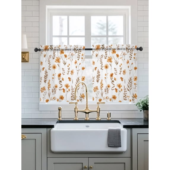 Brown Spring Floral Sheer Kitchen Tier Curtains 24 Inch length,Rod Pocket Half Curtains Short Drapes,Flowers Botanical Elegant Pastoral Light Filtering Small Window Treatments 2 Pcs 27.5"W x 24"L