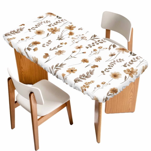 Brown Spring Floral Table Cloths for 3 Foot Rectangle Tables, Flowers Leaves Elegant Pastoral Patio Waterproof Elastic Fitted Tablecloths, Washable Rectangular Table Cover for Camping