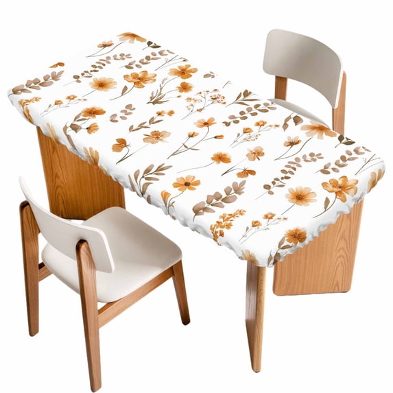 Brown Spring Floral Table Cloths for 5 Foot Rectangle Tables, Flowers Botanical Elegant Pastoral Patio Waterproof Elastic Fitted Tablecloths, Washable Rectangular Table Cover for Camping
