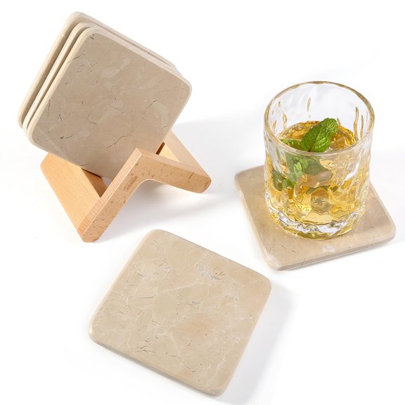 Brown Square Marble Coaster Set With Holder, 5 Count For Drinks Home Office Bar Decor