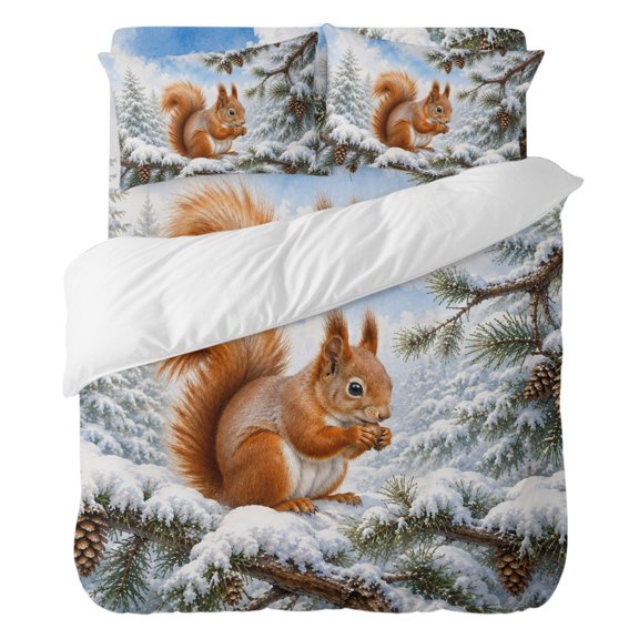 Brown Squirrel Queen Duvet Cover Set, Winter Snowy Pine Branch Pinecone Forest 4 Piece Microfiber Bedding Set with Zipper Closure, Bed Sheet and 2 Pillow Shams, Soft Bedding Cover