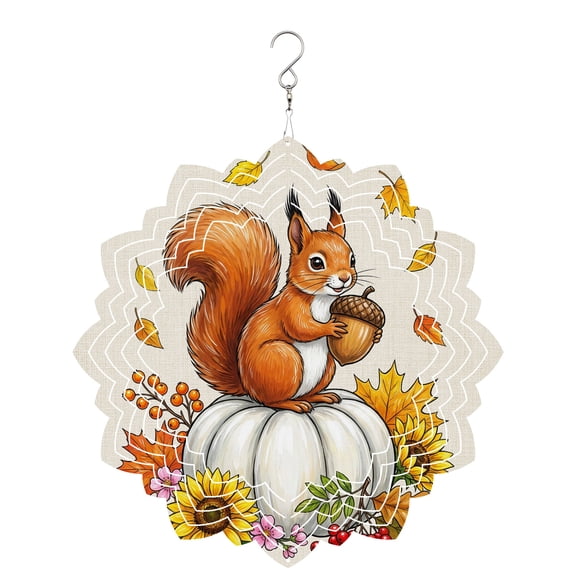 Brown Squirrel Wind Spinner for Garden Yard 8In, Forest Fall White Pumpkin Yellow Sunflower Linen Texture 3D Stainless Steel Kinetic Hanging Wind Spinners Rustproof Outdoor Decor for Lawn Patio Home