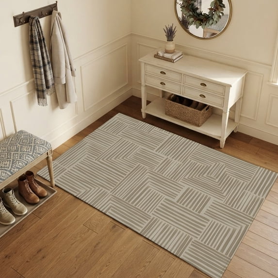 Brown Sstripes Area Rugs 4'x6', Washable Small Throw Rugs for Office Bathroom, Vintage Abstract Geometric Lines Art Indoor Outdoor Rug Non-Slip Low Pile Carpet Runner Reversible Floor Mats