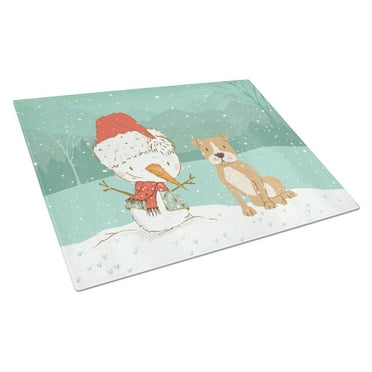 Brown Staffie Snowman Christmas Glass Cutting Board Large