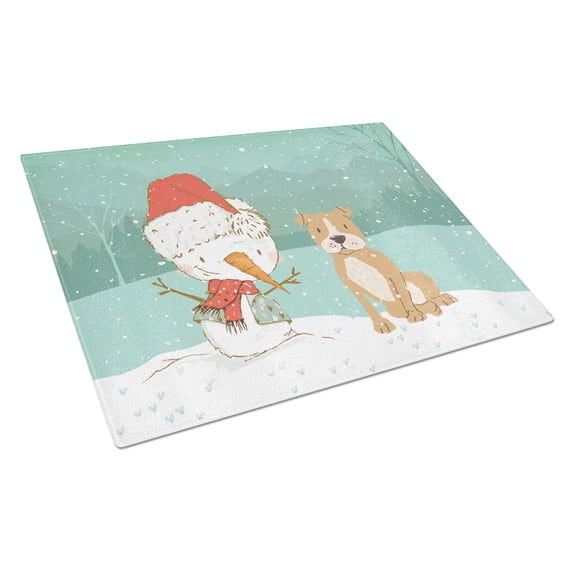 Brown Staffie Snowman Christmas Glass Cutting Board Large