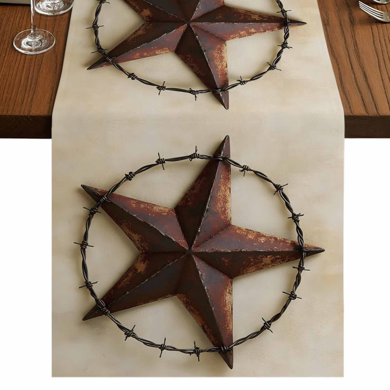 Western Rustic Table Runner Brown Star Country 120 Inch Table Runner, Vintage Farmhouse Retro ...