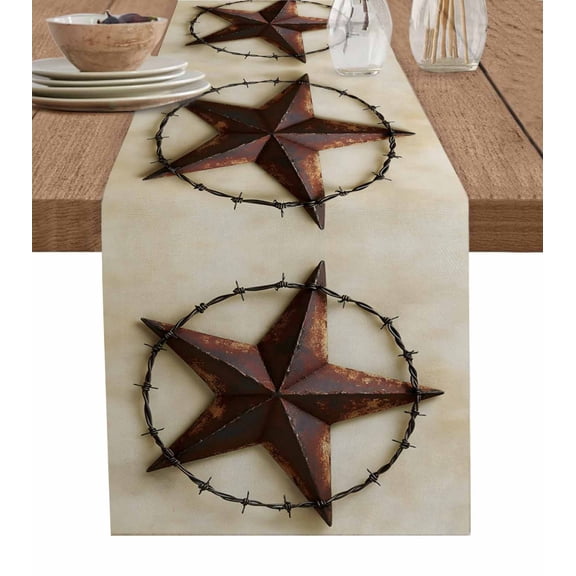 Brown Star Country Table Runner Cotton Linen 60 Inch Holiday Dresser Scarves, Vintage Farmhouse Retro Western Art Tablerunner for Kitchen Coffee Dining Bedroom Dinner Scarf Décor 13''x60''