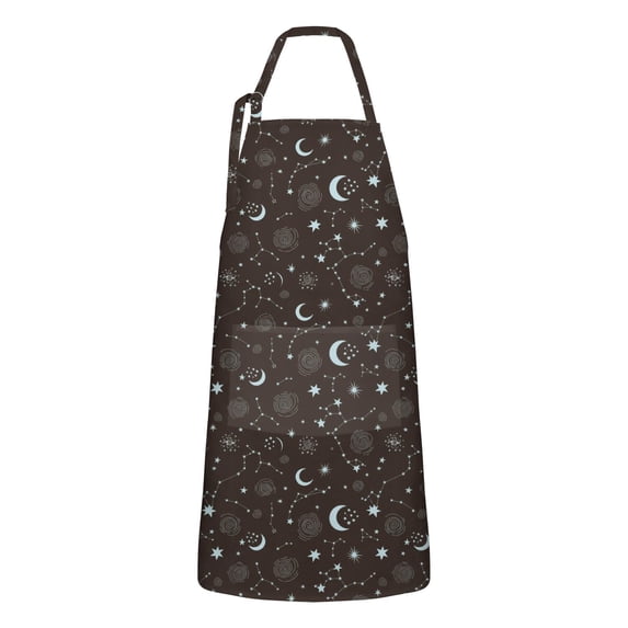 Brown Star Moon Constellation Pattern Apron-Garden Aprons for Women with Pockets-Cotton Linen Waterproof Kitchen Cooking Gardening Aprons Adjustable for Kitchen,Cooking,BBQ and Salon 33x27 Inch